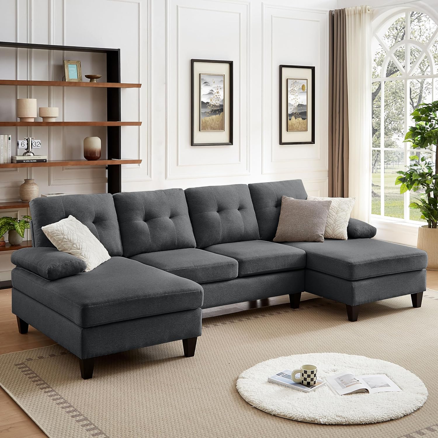 111 Sectional Couch for Living Room, Modern Polyester Fibre U Shaped Sofa Couches with Double Chaise, Upholstered 4 Seater Sofa for Living Room, Apartment, Office, Dark Grey