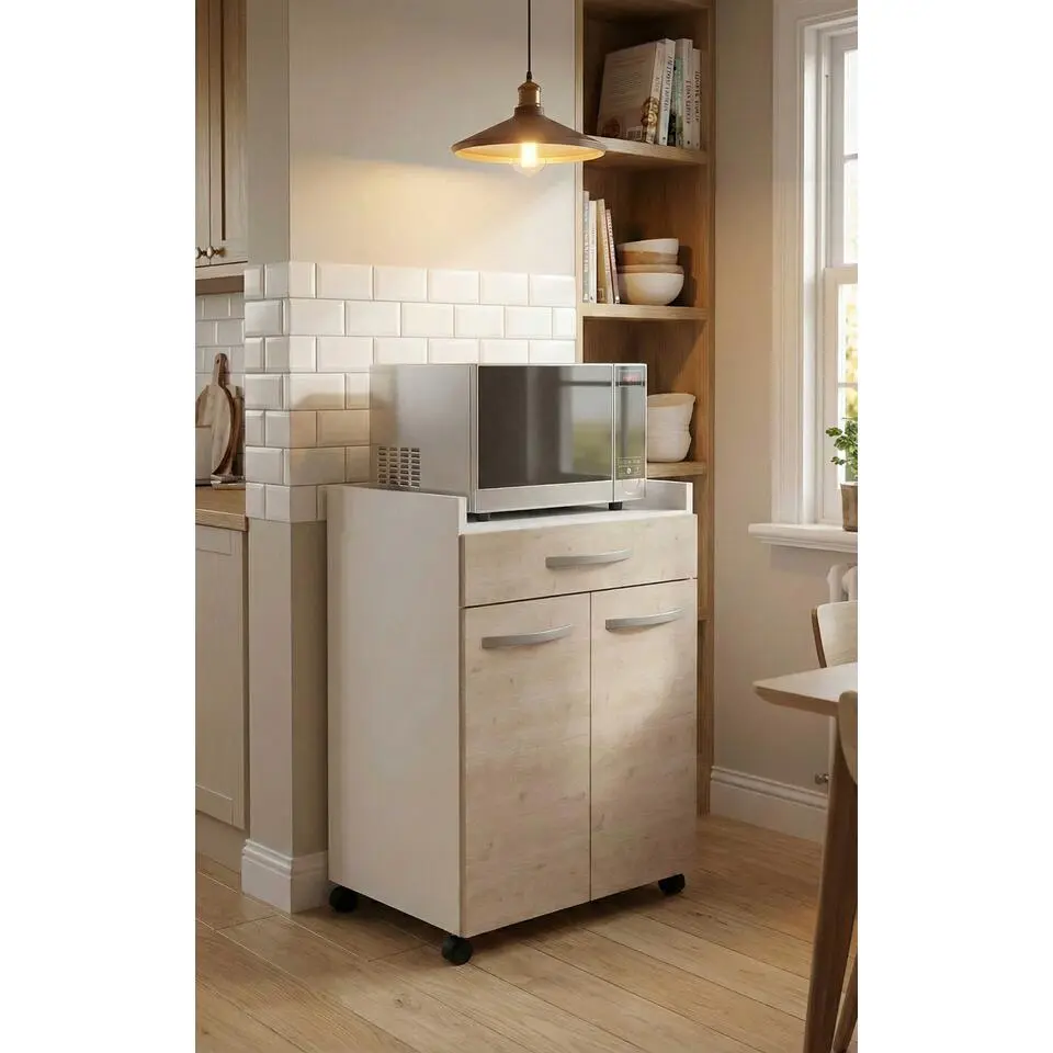 Microgolfkastje Eko met wieltjes - 2 deuren & 1 lade - eikdecor