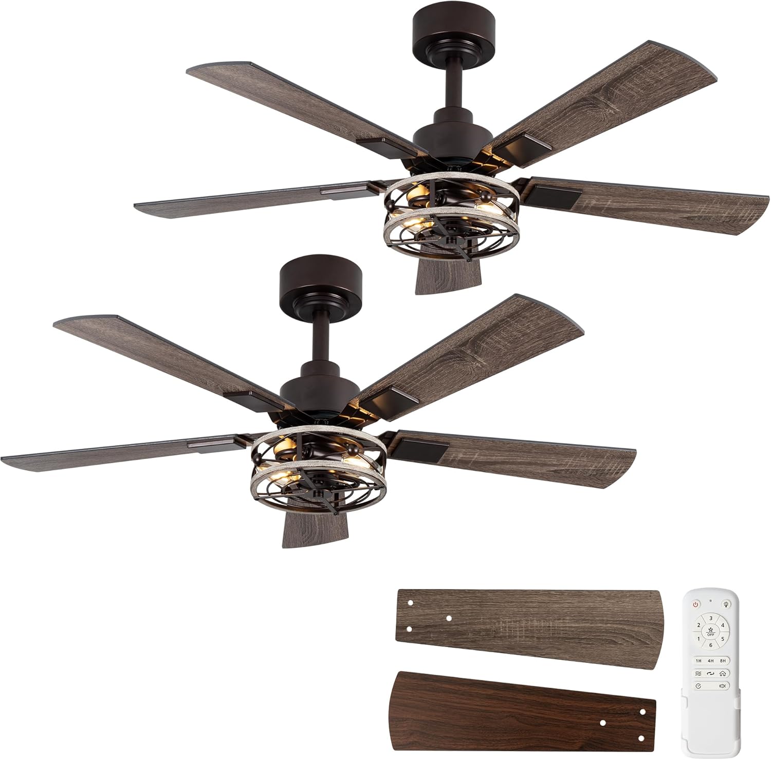2-Pack 42 Inch Ceiling Fans with Lights, Remote Control Low Profile Flush Mount Ceiling Fan for Living Room Bedroomm, 6 Speeds Bladeless Caged Farmhouse LIghts, Quiet and Reversible DC Motor, Walnut