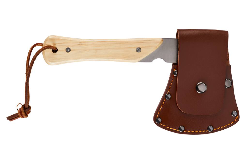 Woods Mini Pack Axe, Steel Single-Bit Hatchet Axe w/ Wooden Handle, Leather Sheath & Strap
