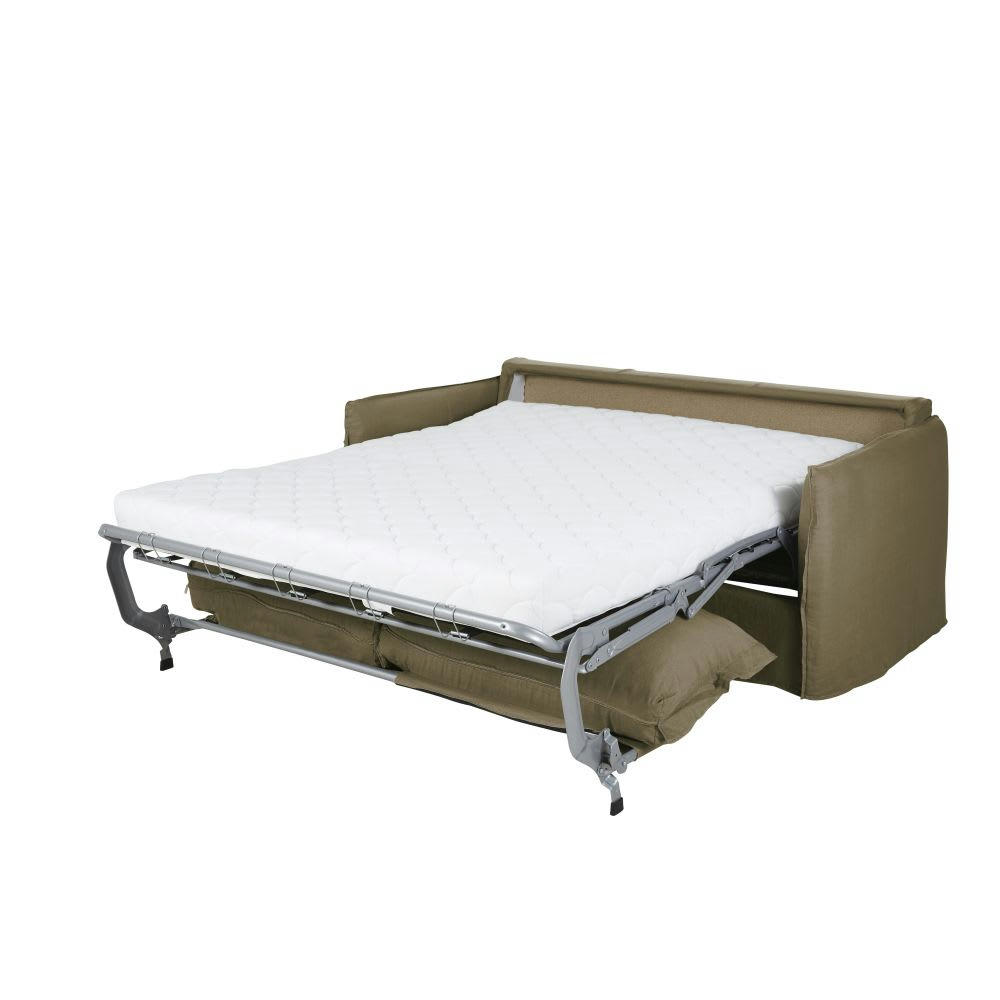 Barcelone - Canapé convertible 3 places en lin vert kaki, matelas 14 cm