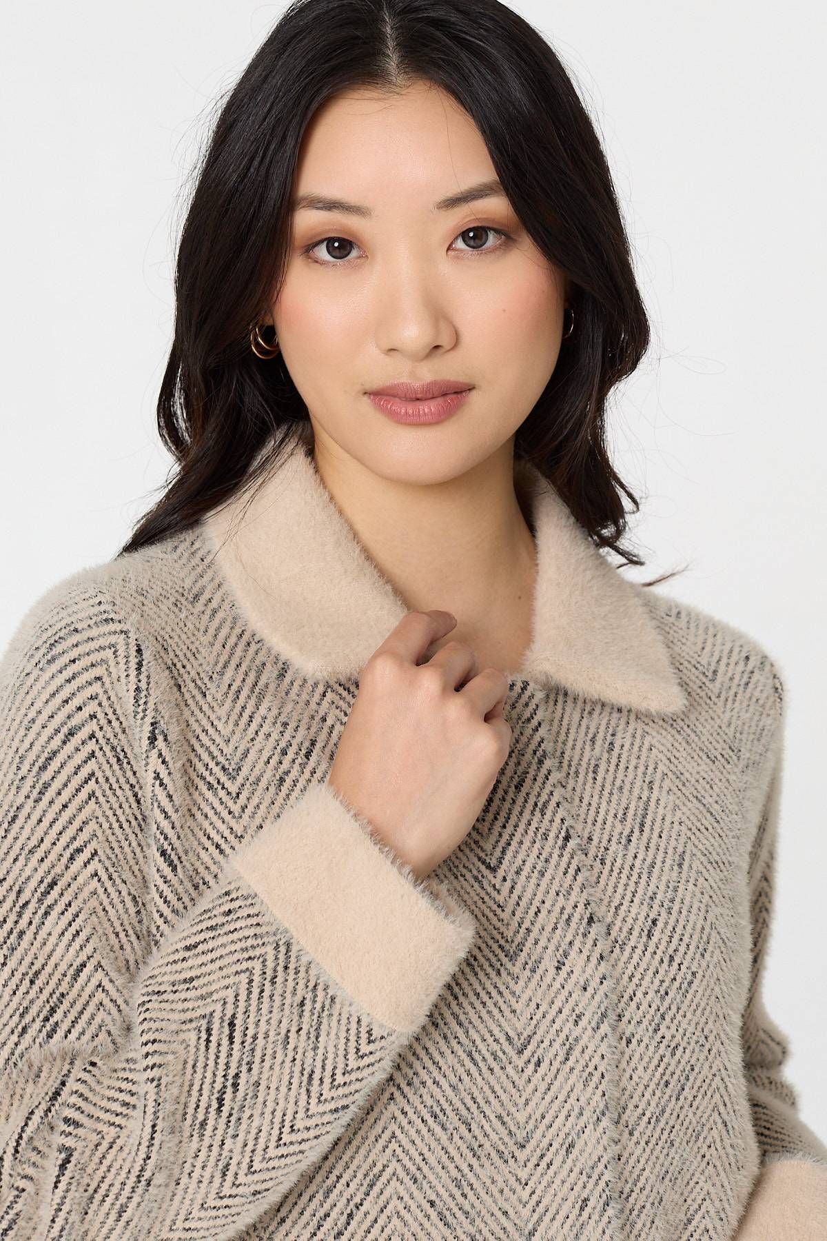 Izabel London Chevron Texture Faux Fur Boxy Jacket