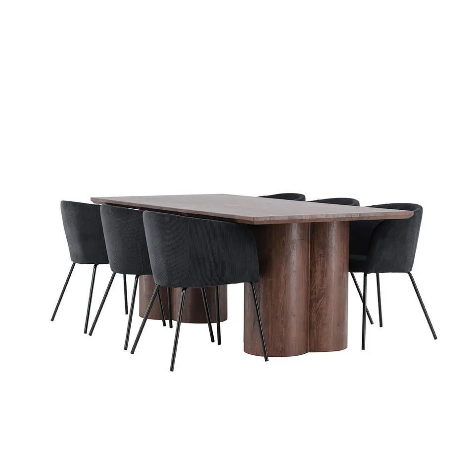 Hioshop Olivia eethoek tafel 100x210cm en 6 fluwelen stoelen met armleuningen