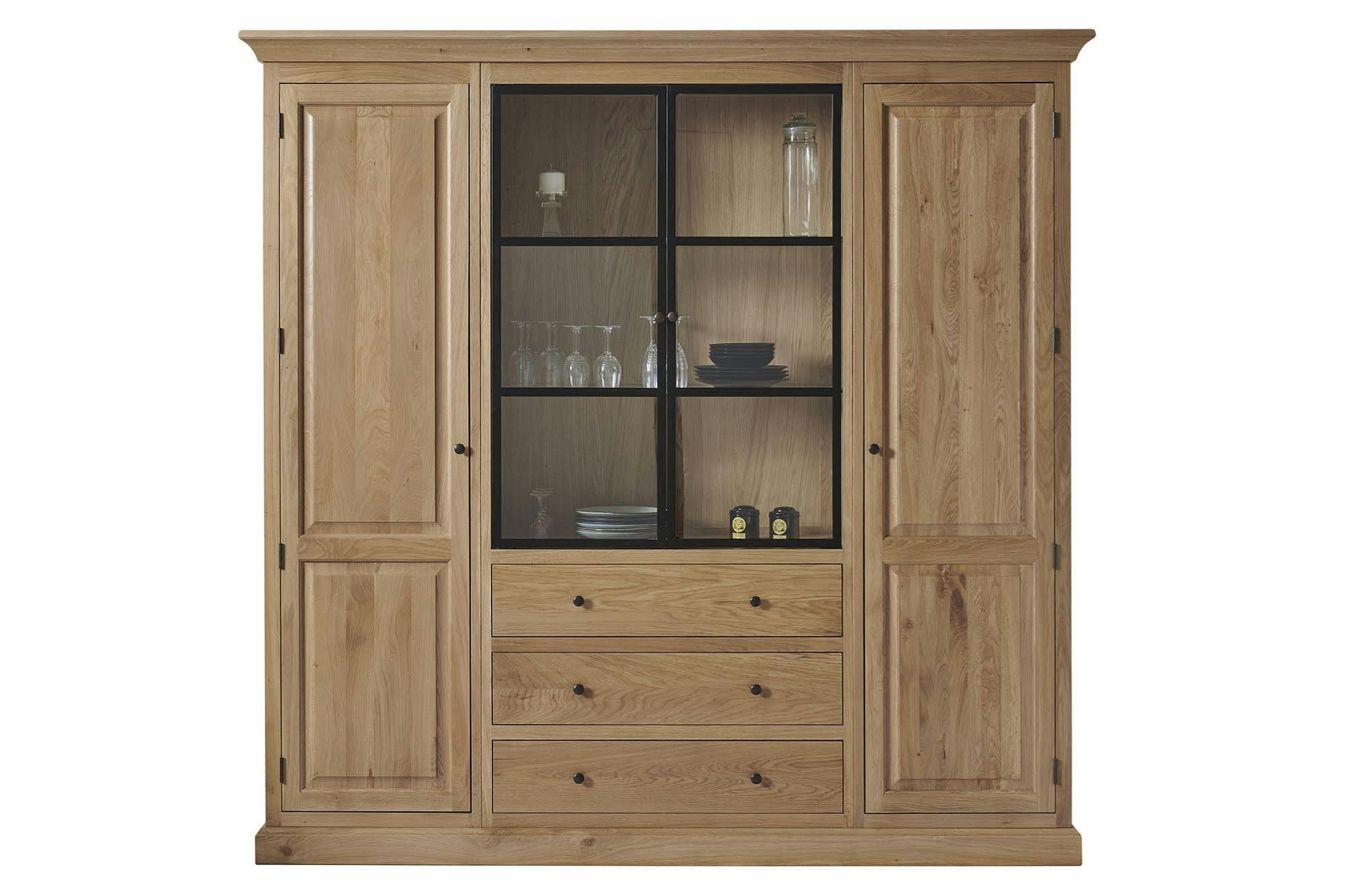 VICTORIA - Buffet vaisselier en chêne et métal 4 portes 3 tiroirs avec éclairage