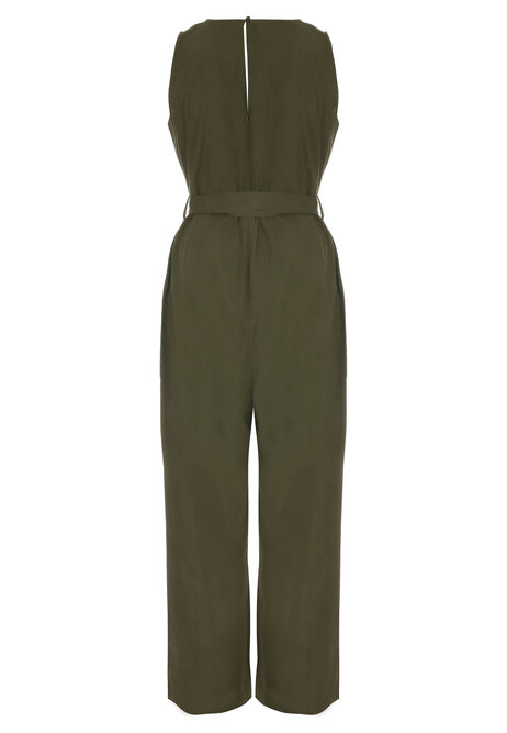 Womens Khaki Green Tie Waist Cotton Jumpsuit
