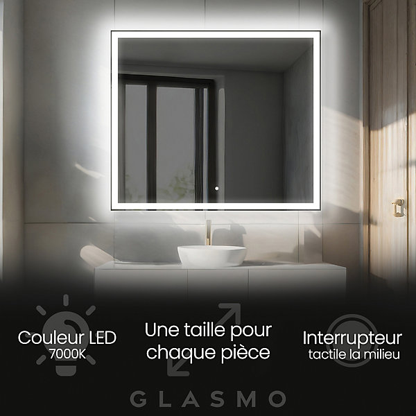 Miroir de Salle de Bain LED - Aurora, 100x70 cm, LED Lumineux Miroir, Blanc Froid 7000K, Interrupteur Tactile