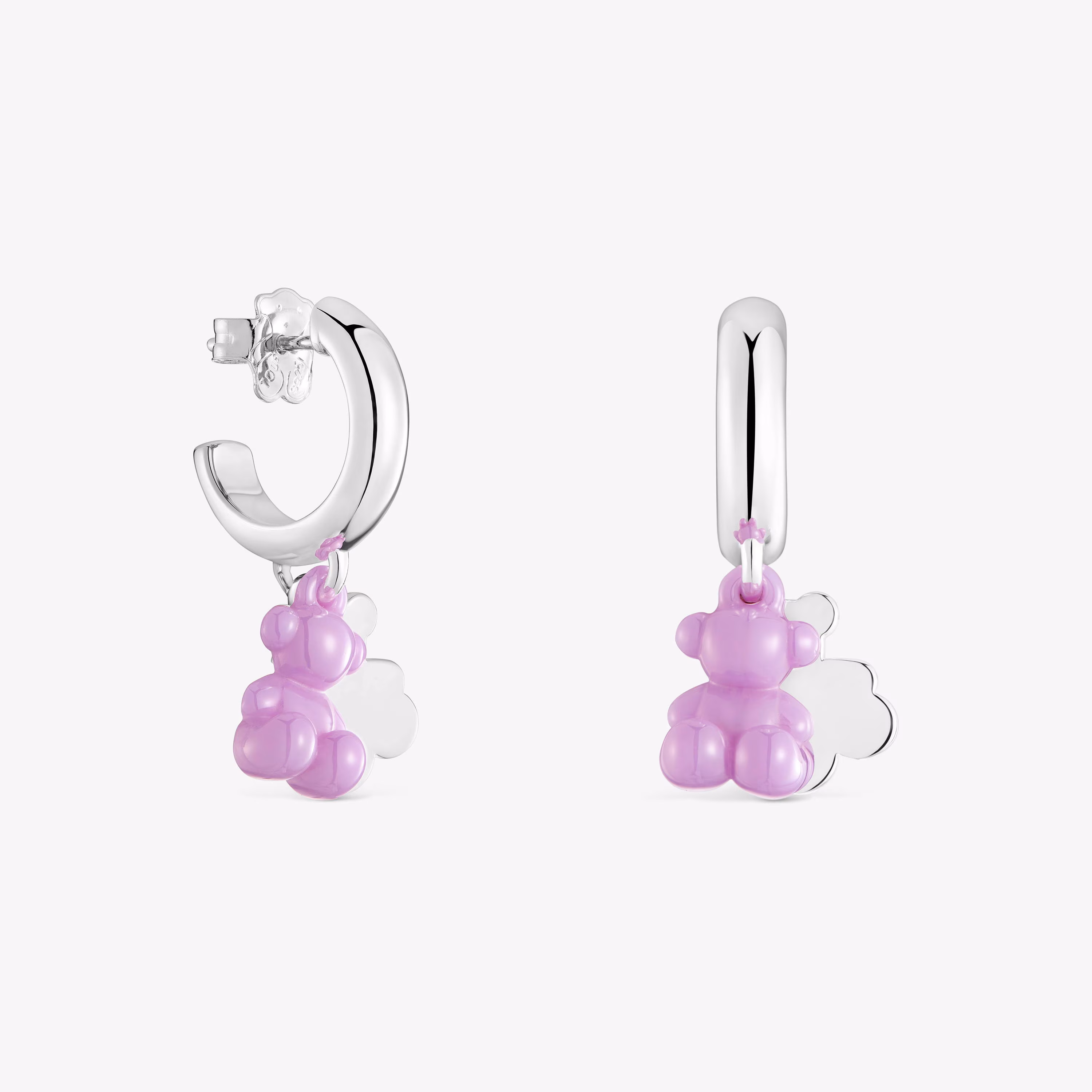 Pendientes aro de plata con cerámica lila y doble oso Bold Bear