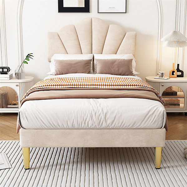 Lit rembourré Single 90x200 cm avec sommier à lattes - tête de lit réglable - tissu en velours - beige