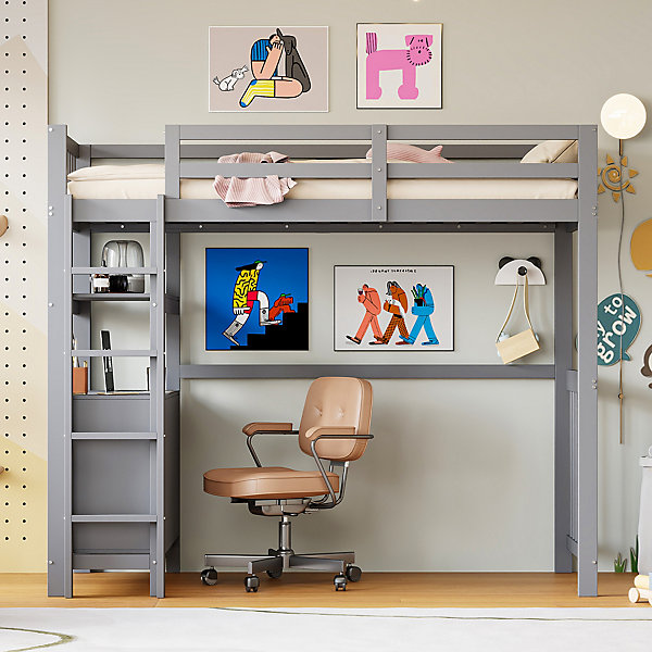 Lit Mezzanine 90x200 cm - Lit Simple avec échelle Verticale, Tiroirs et étagères de Rangement, Sans Matelas - Gris