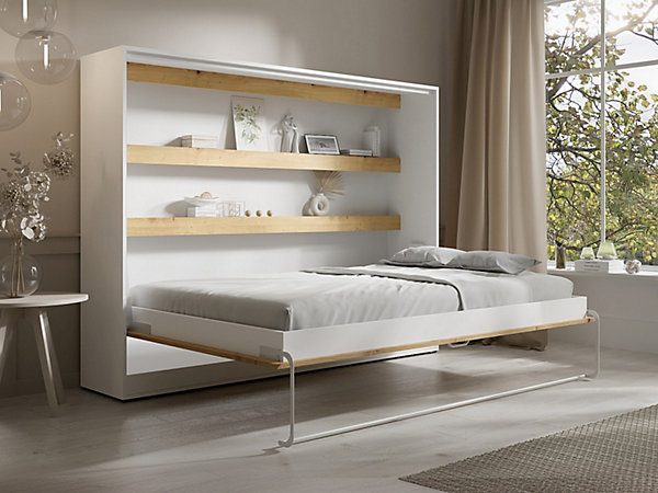 Lit escamotable 140 x 200 cm - Ouverture horizontale manuelle - Avec LEDs - Blanc et naturel   Matelas - RAPILI