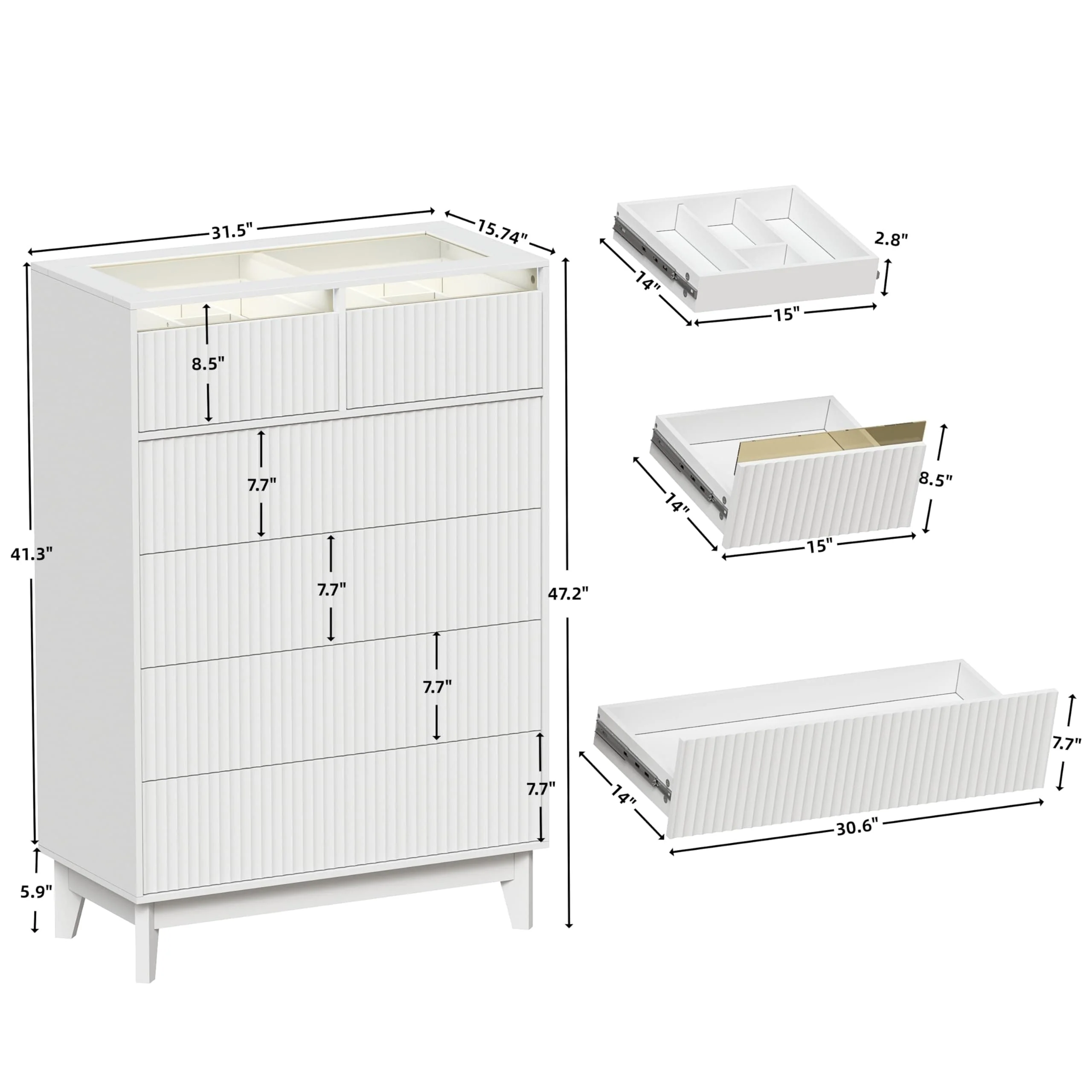 PAKASEPT Fluted 5 Drawers Dresser, Tall Modern Chest of Drawers with Glass Tabletop