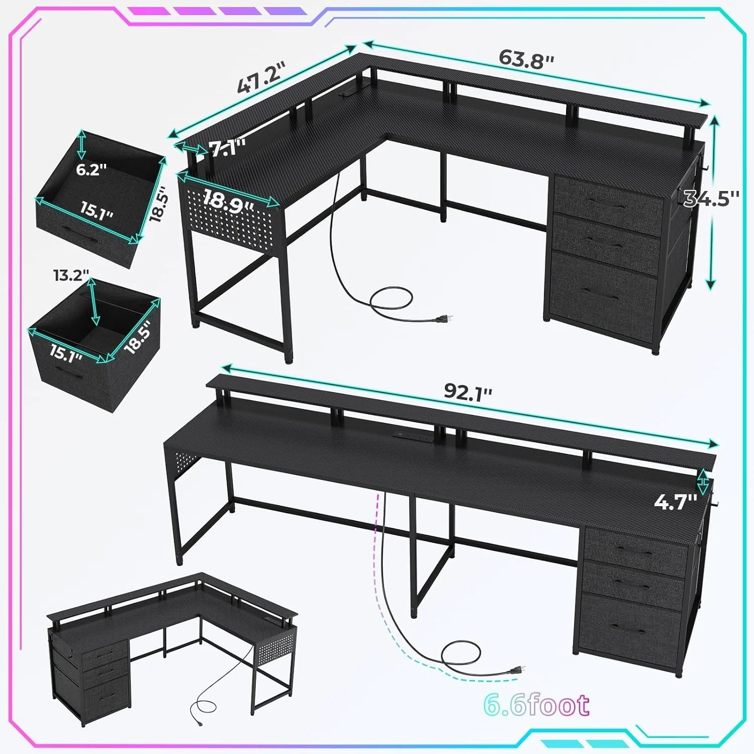 63.8 L Shaped Desk, Reversible Computer Desk Gaming Desk