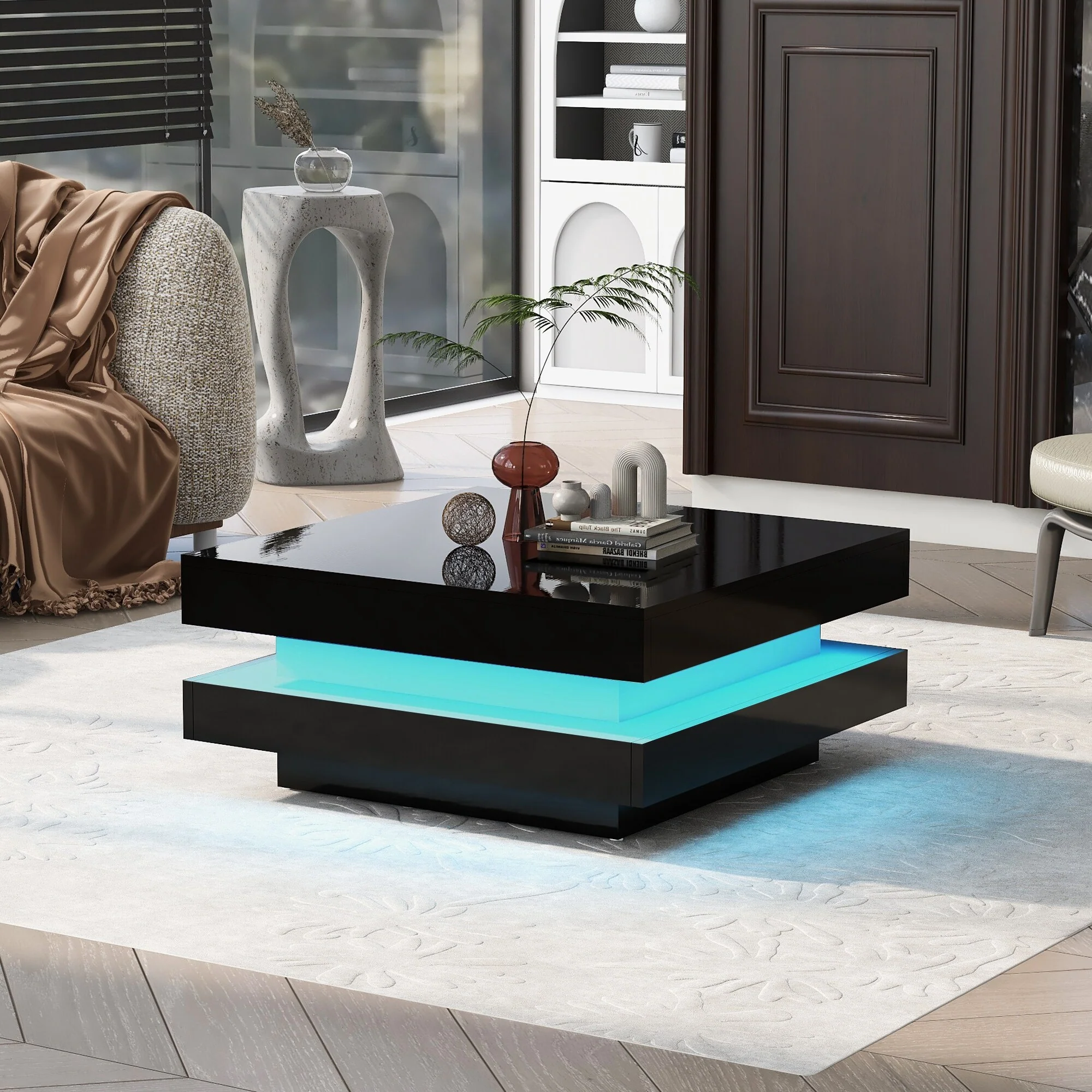 2-Tier Square Coffee Table, High Gloss Center Table with Plug-in 16-Color LED Lights, Modern Floor End Table for Indoor