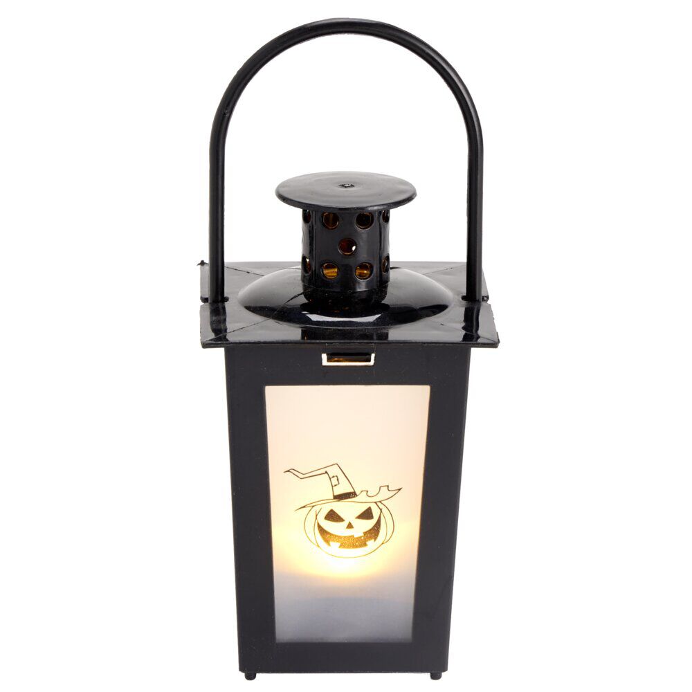 Lanterne Halloween LED décor citrouille plastique noir 7,5x7,5xH15,5cm (2 modèles)