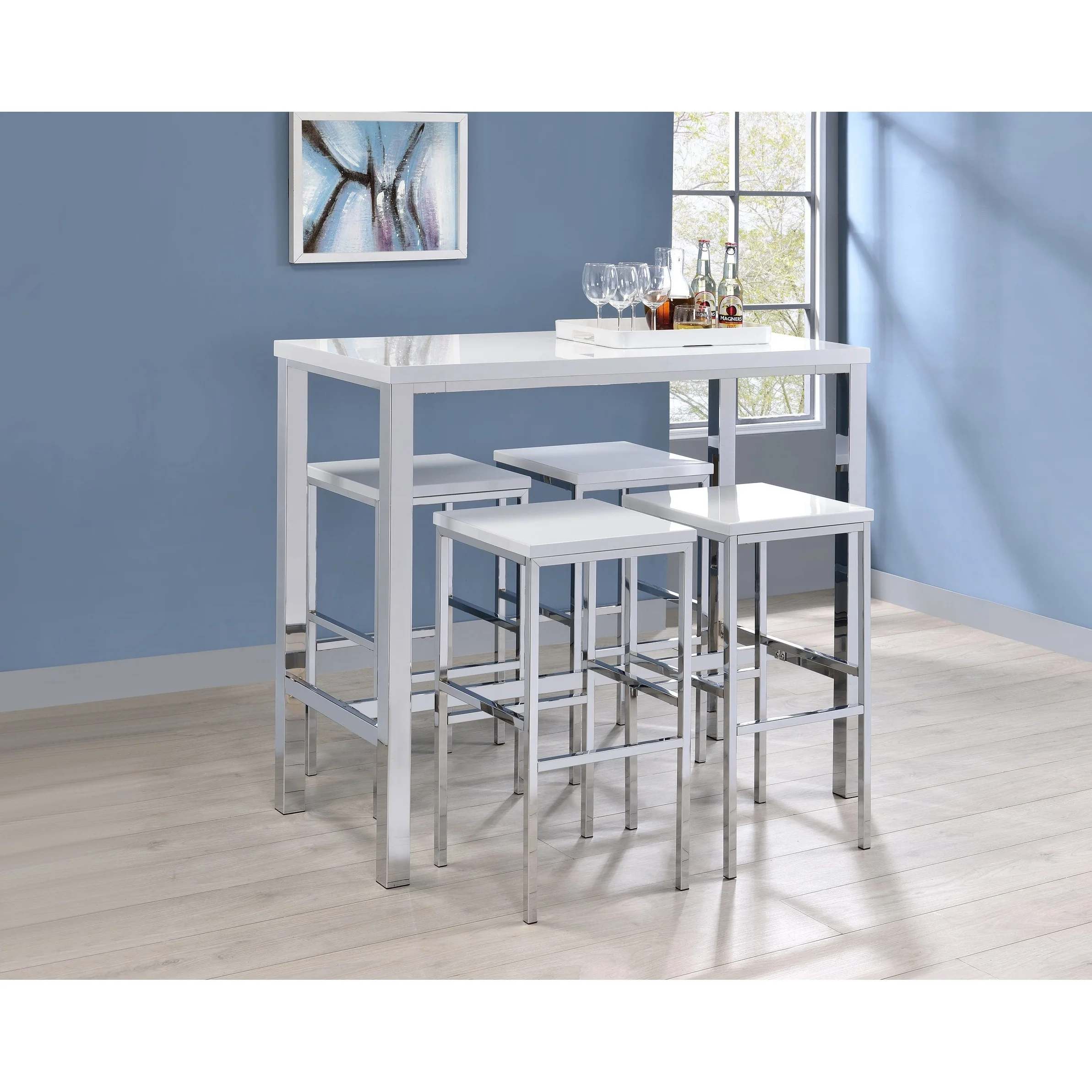 5 Piece Bar Height Dining Set in White and Chrome