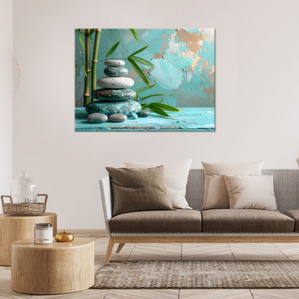 Obraz turkusowy do salonu sypialni, Kamienie zen spa liście bambusa 30x20