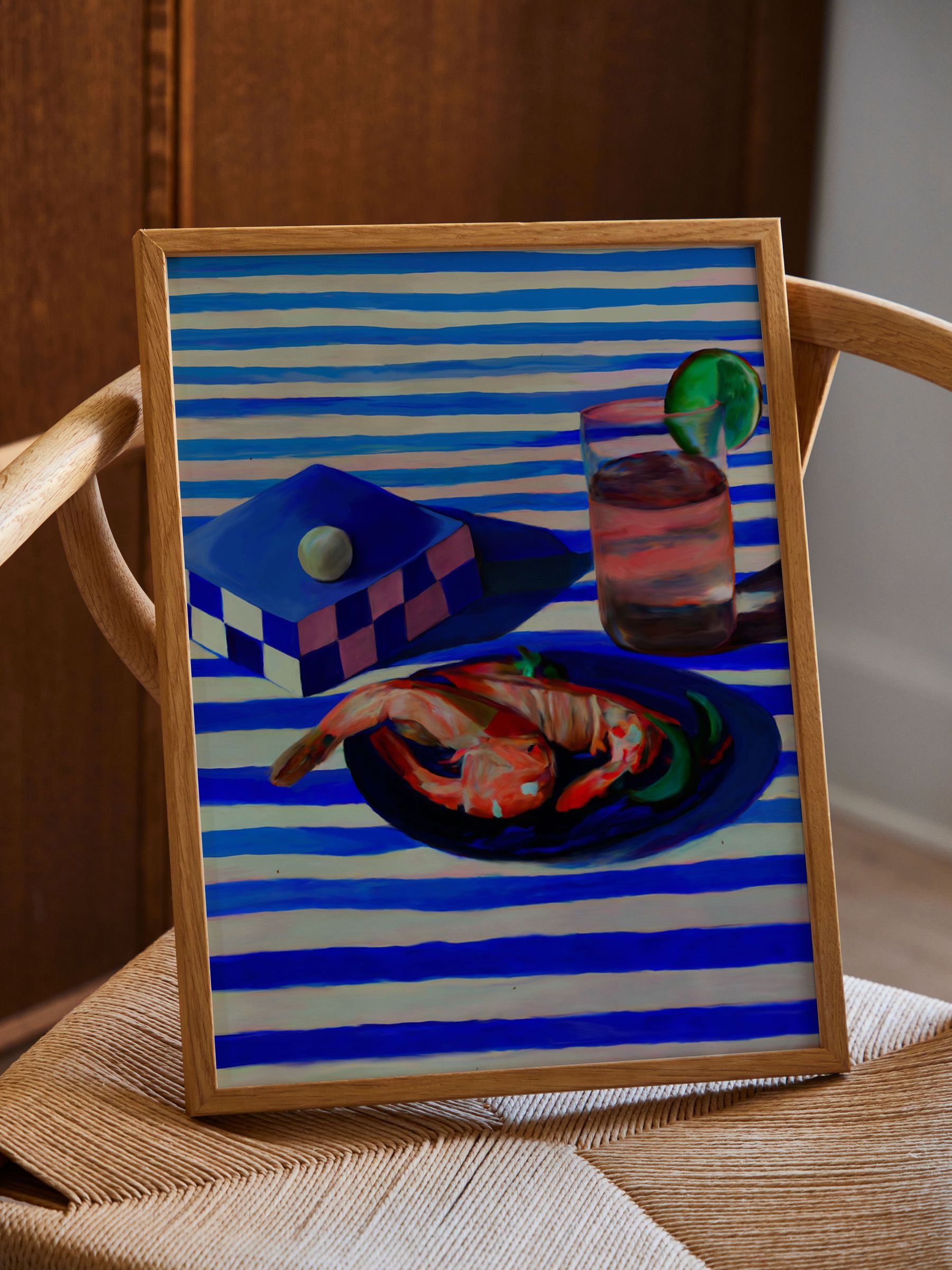 Paper Collective Blue Shrimp & Stripes Framed Wall Art Print in Natural Oak Frame