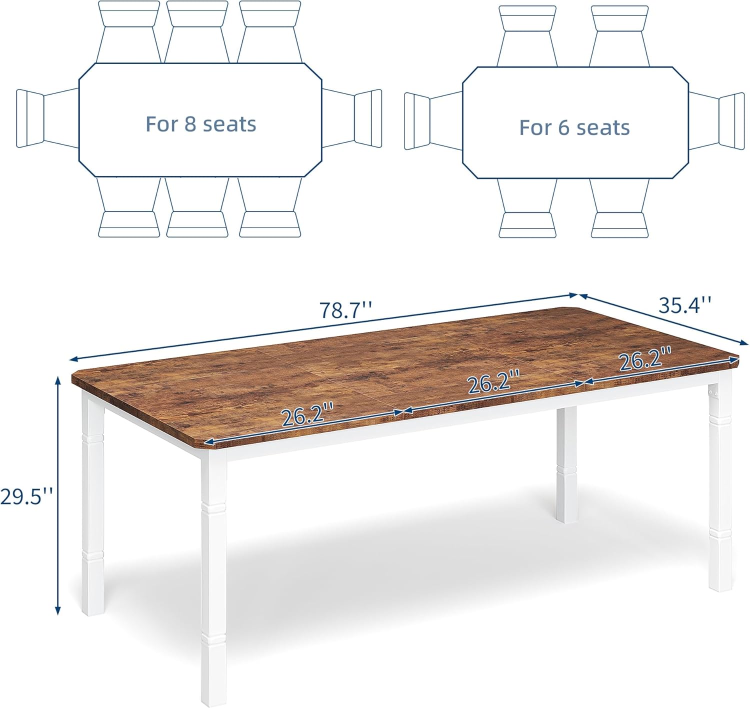Garvee Large Dining Table for 6-8 People, 79 Wooden Kitchen Table with Sturdy Metal Frame, Dining Room Table for Dining Room, Kitchen, White Leg & Retro