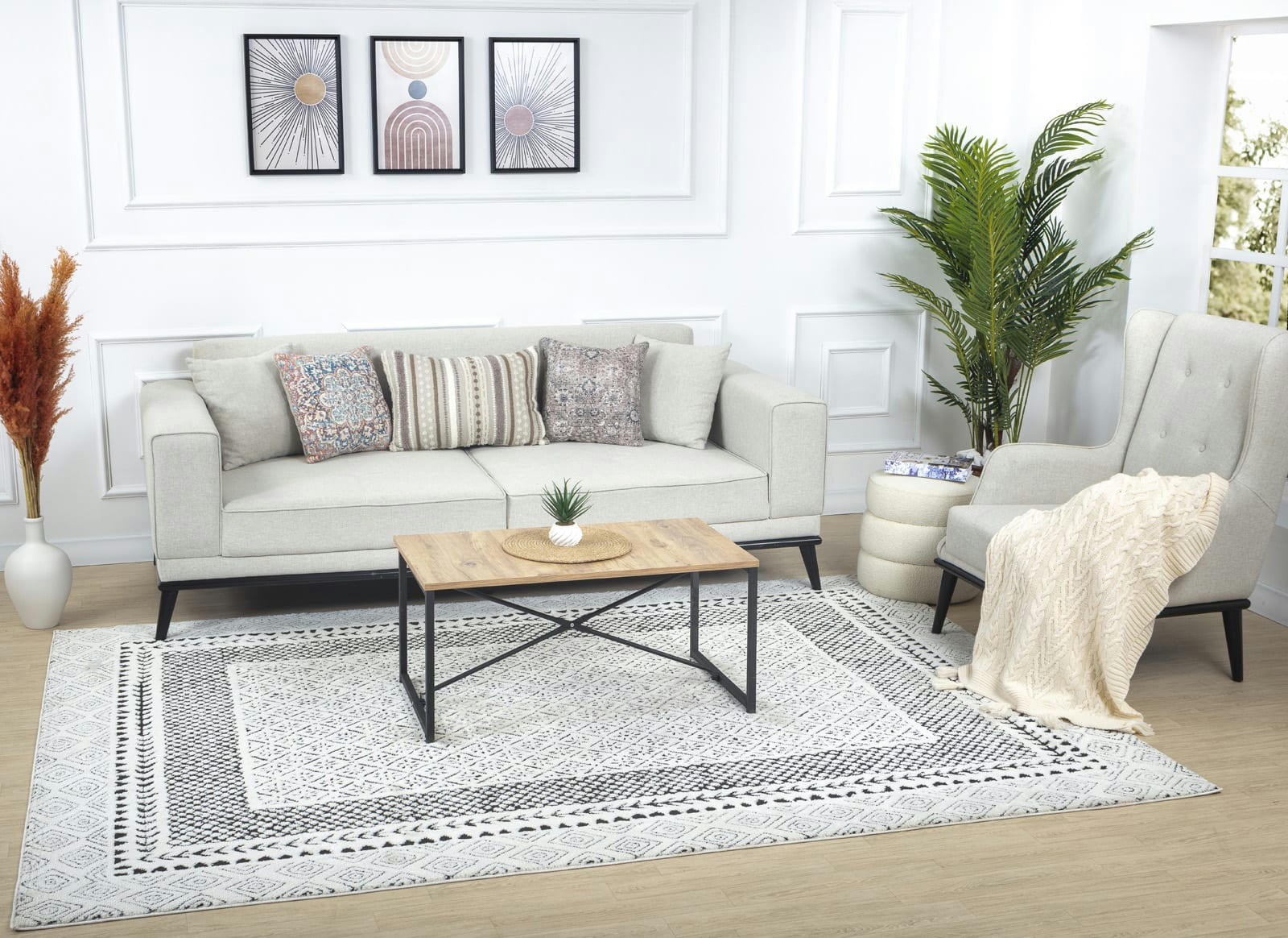 AMBRE - Tapis Scandinave Bohème Ivoire/Noir 160x213