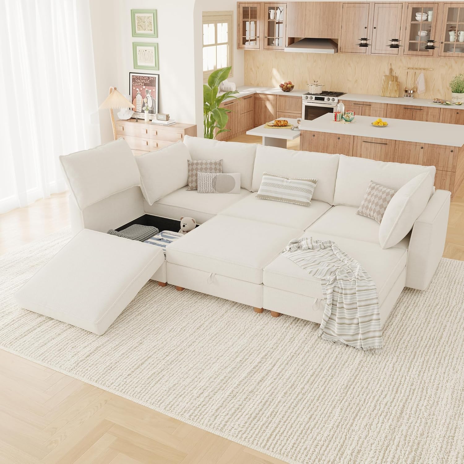 99 Chenille Modular Sectional Sofa Bed Hidden Storage, Convertible L U Shaped Sleeper Couch, 6 Seat Modern Modular Sectional Sofa with Washable Covers & Ottoman Chaise, for Living Room, Beige