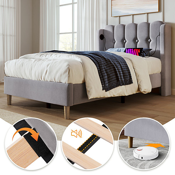 Lit Simple 90 x 200 Cm - Lit Adult avec Chargement USB Type-C - Lin, MDF, Métal - avec Matelas - Gris