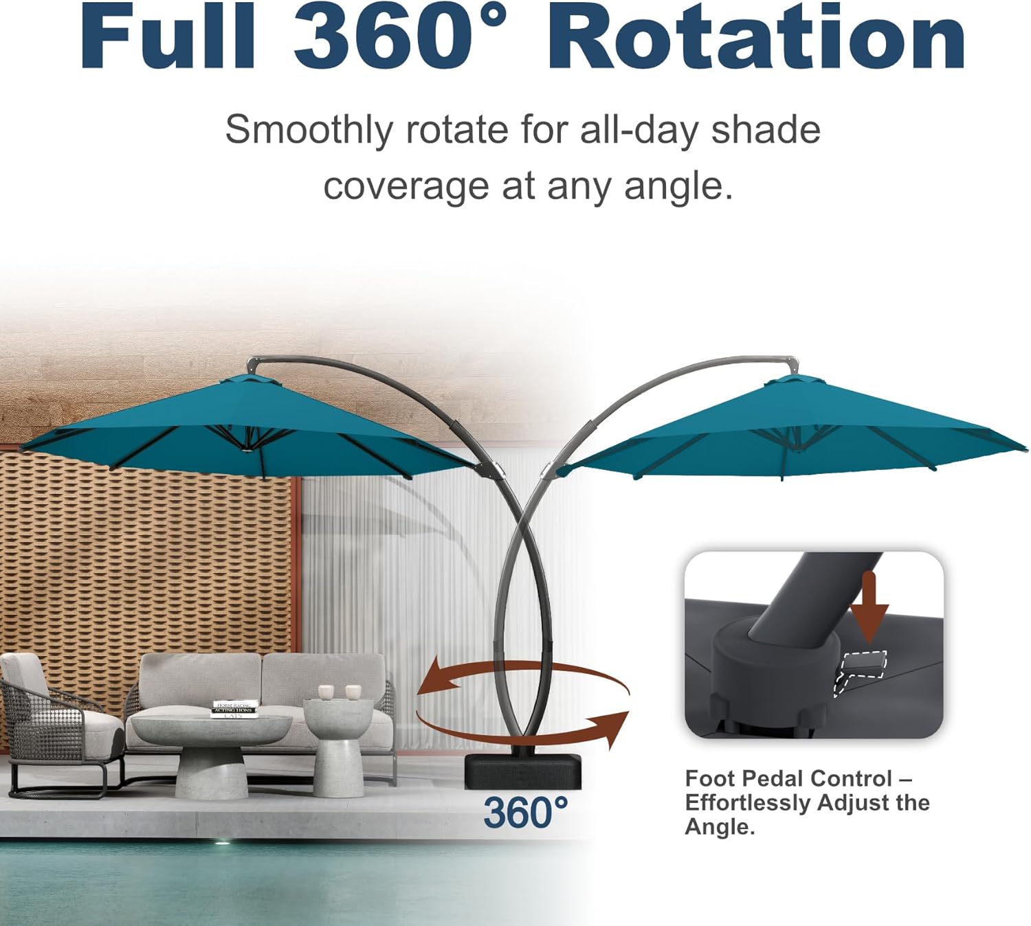 12FT Cantilever Umbrella with Base Large Curvy Outdoor Aluminum Offset Umbrella w/ 360° Rotation, UV Resistant Canopy for Patio, Garden, Backyard, Lake Blue