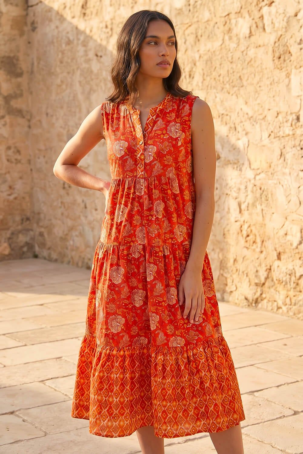 Roman Floral Print Contrast Swing Dress
