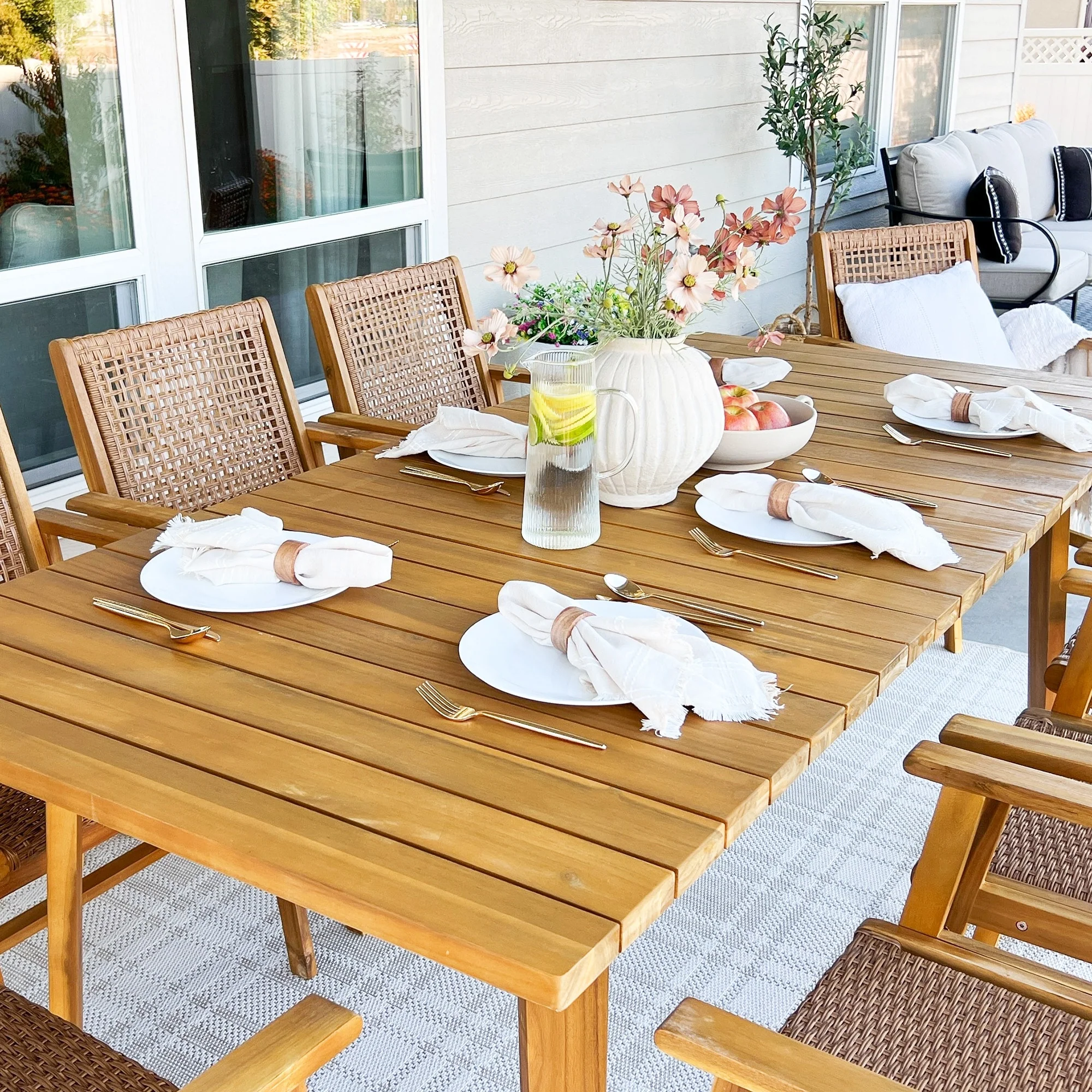 MAISON ARTS 5/7/9-Piece Acacia Wood Outdoor Dining Set, Teak Wooden Table & Dining Chairs with Wicker Seat and Back