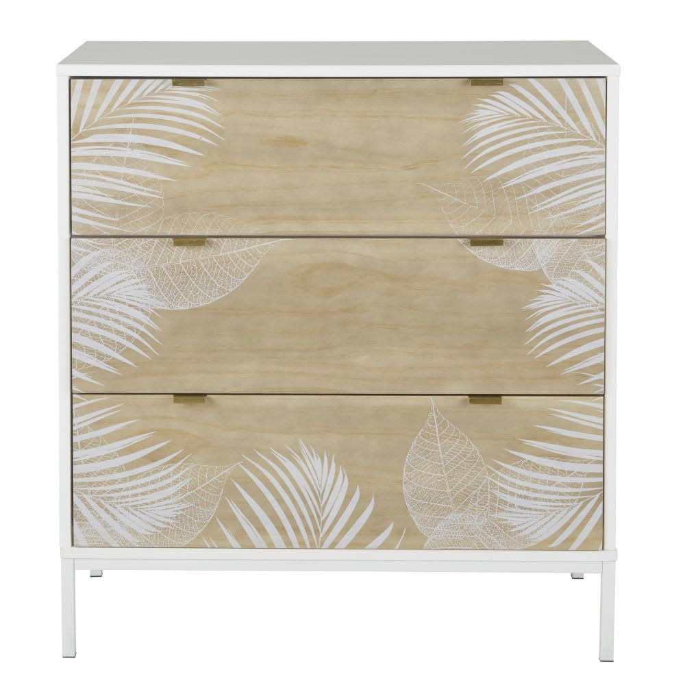 Caracas - Commode haute 3 tiroirs bicolore motif végétal blanc