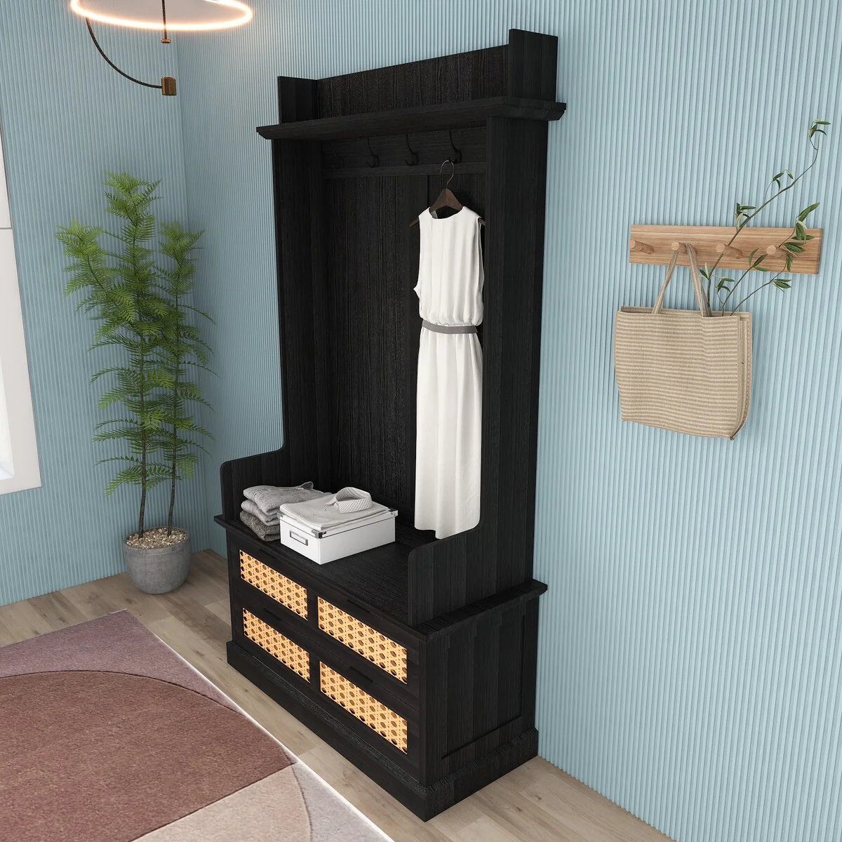 Hall Tree with 5 Metal Hooks and 2 Large Rattan Drawers