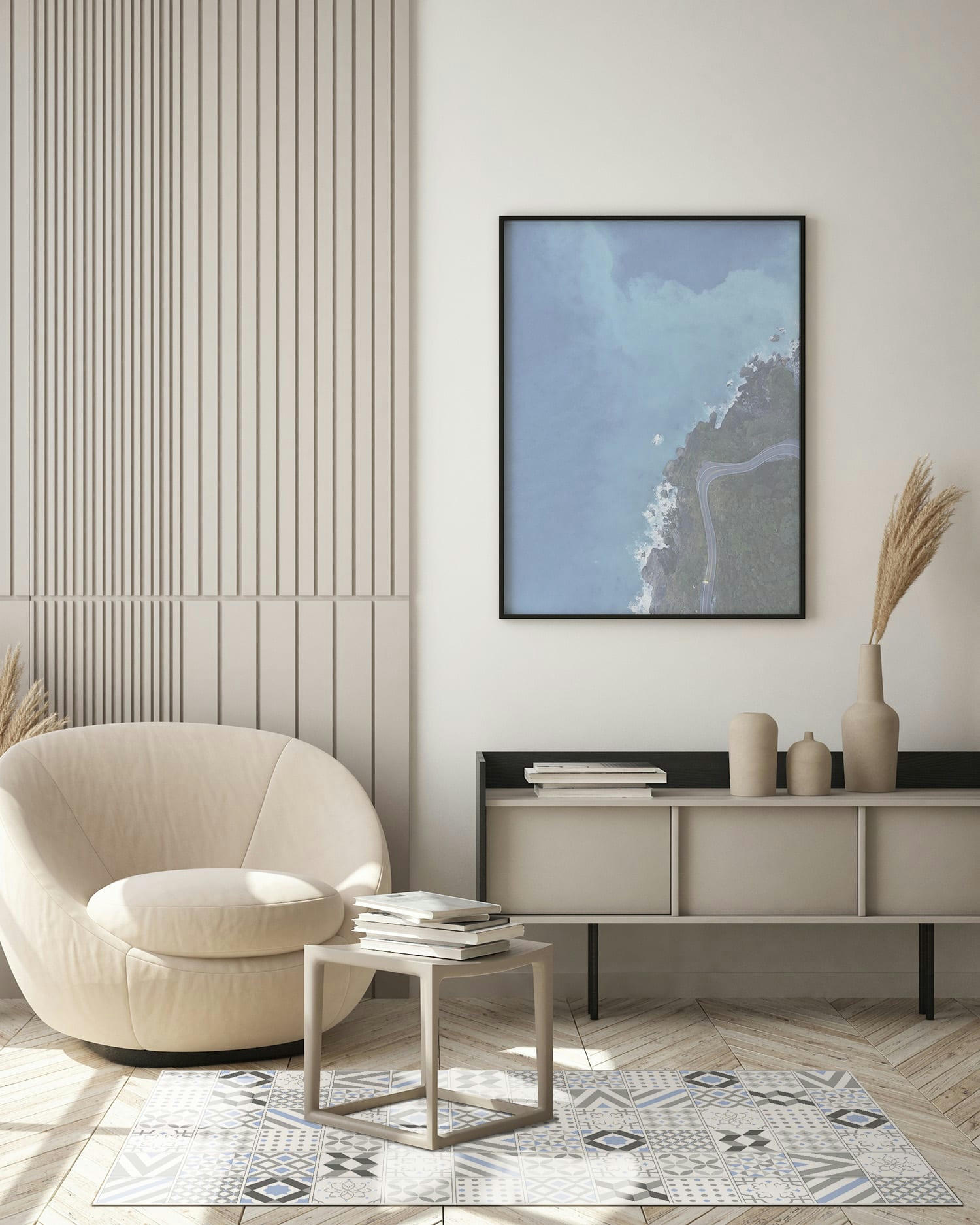 ALFOMBRAS AZULEJOS - Tapis vinyle carreaux ciments love gris et bleu 120x160cm