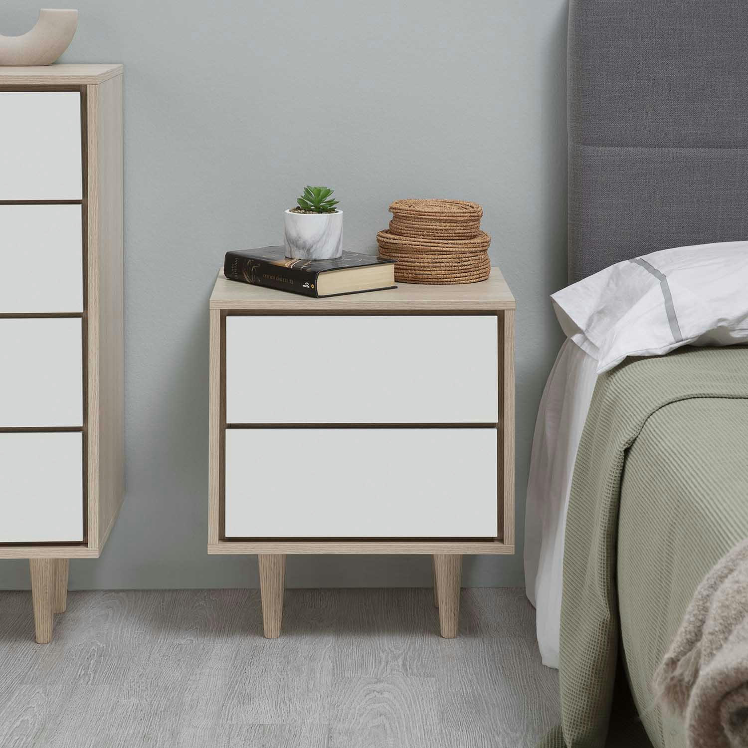 DENIA - Table de chevet avec 2 tiroirs couleur chêne/blanc