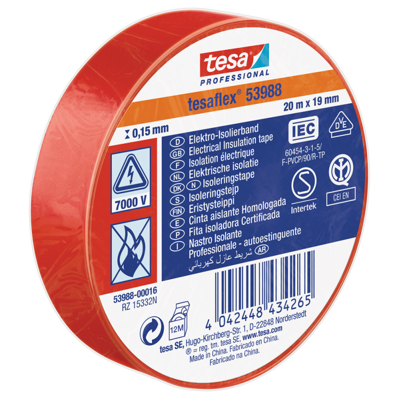 Ruban d'isolation électrique rouge 19 mm x 20 m TESA