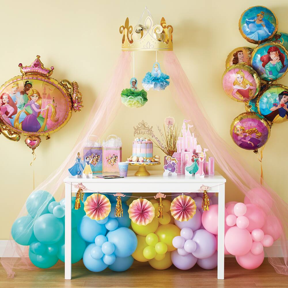 Disney Princess Once Upon A Time Round Satin Foil Balloon Bouquet, Blue/Pink, 8-pk, Helium Inflation & Ribbon Included for Birthday Party