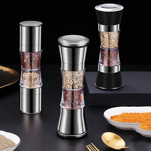 NNEOBA 2-in-1 Stainless Steel Pepper Grinder Double-Head Manual Spice Mill Silver