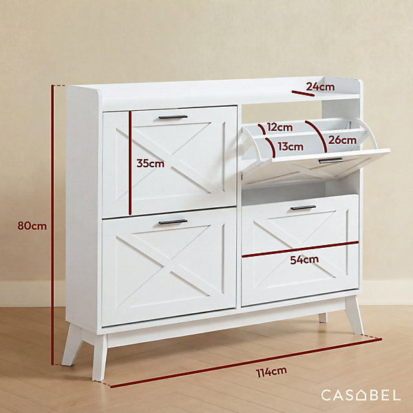 CASABEL Meuble à Chaussures 4 Abattants, Façades à motif croix, Blanc, Grande Capacité 24 Paires, Meuble Entrée Compact
