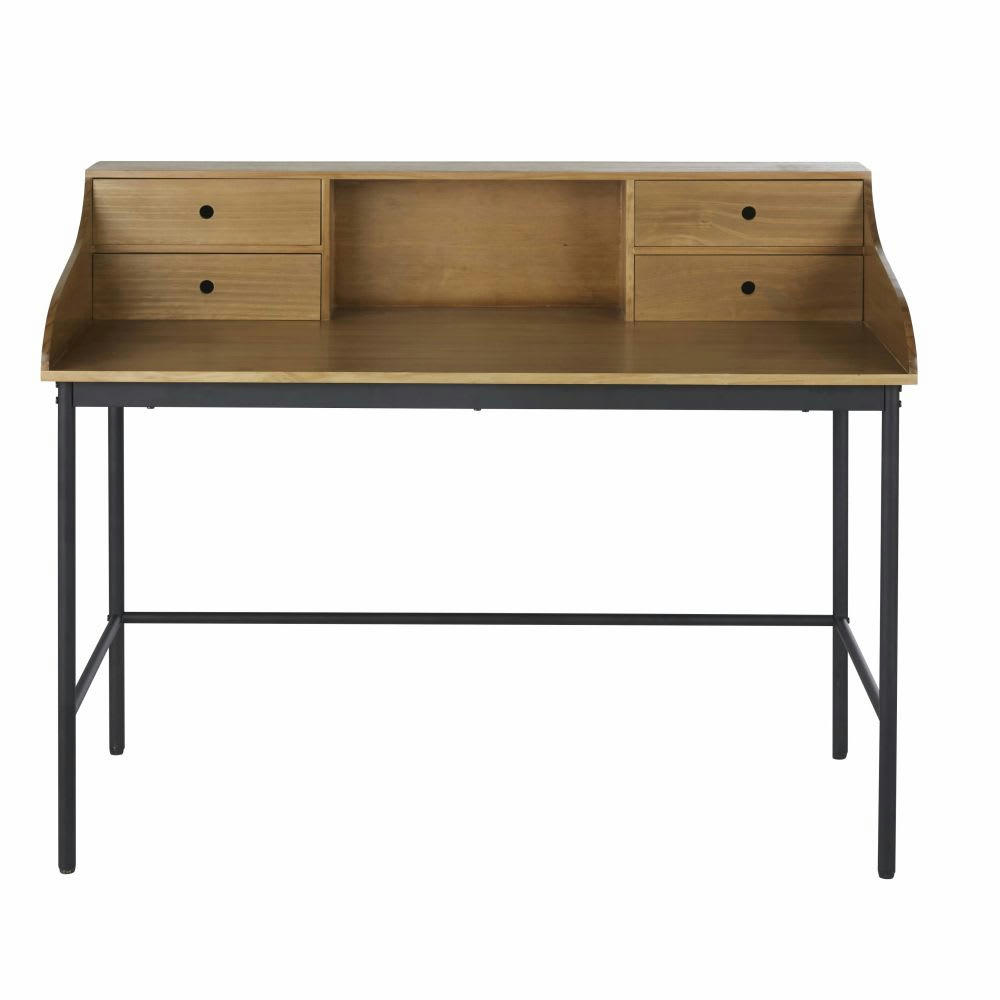 Kina - Bureau 4 tiroirs 1 niche en bois de pin et métal noir