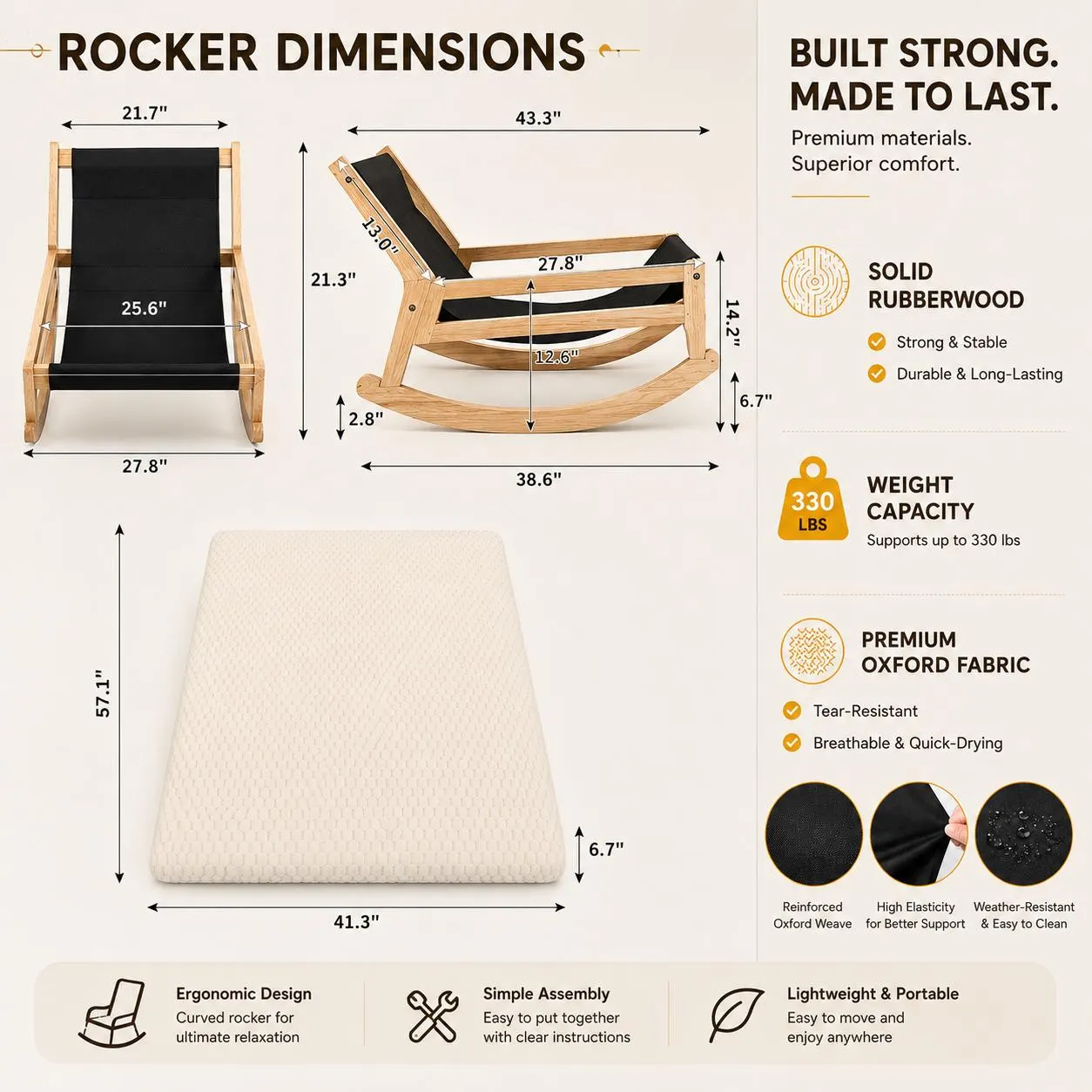 Plush Rocking Chair, Solid Rubberwood Frame, Armless Lounge Accent, Cozy Reading Chair