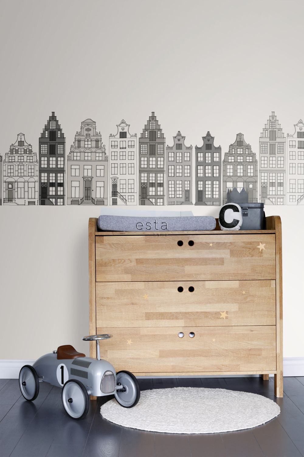 ESTAhome XXL behangrand Amsterdamse huizen grijs - 430 x 50 cm - 157714