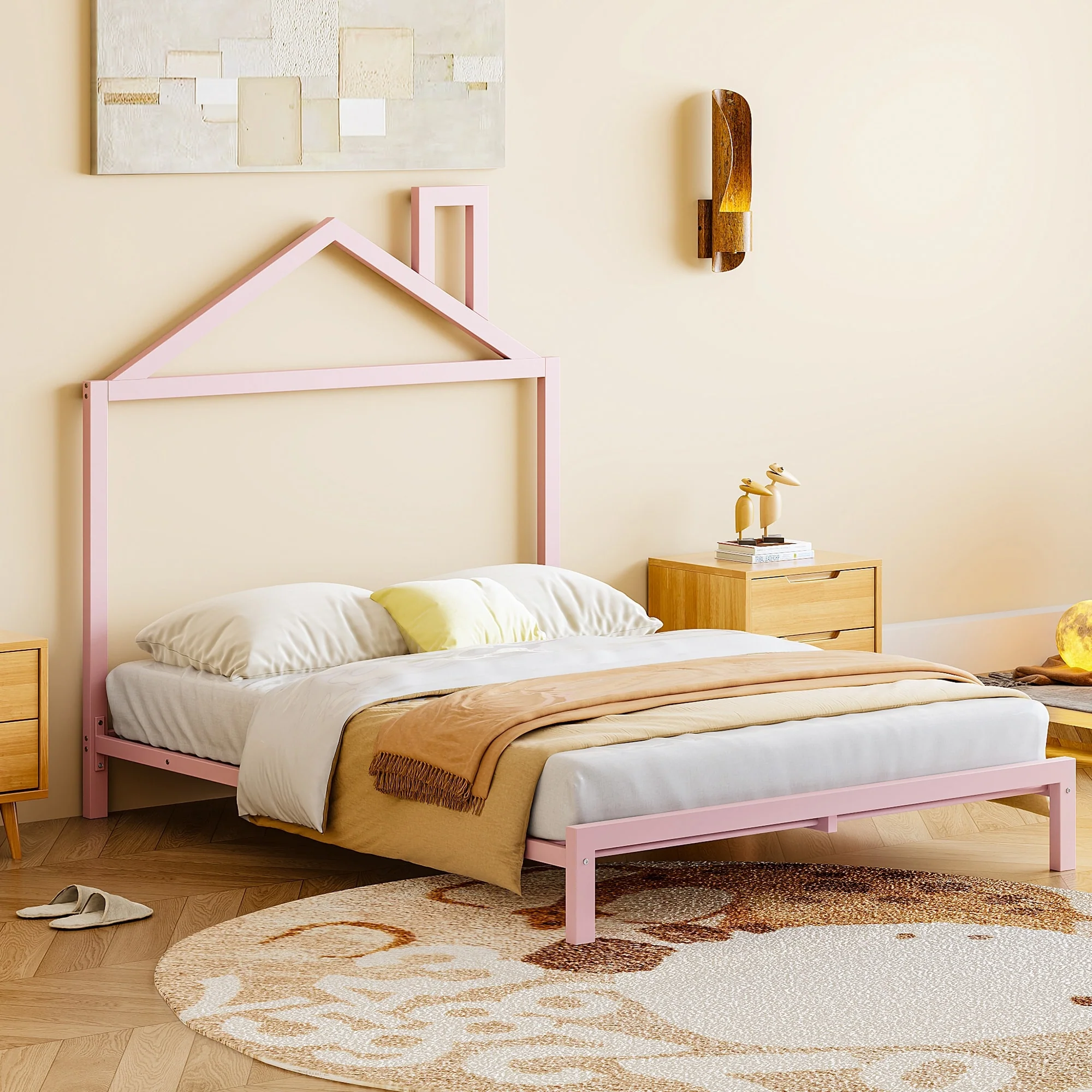 House-Shaped Metal Platform Bed for Kids, Full Size with Sturdy Frame