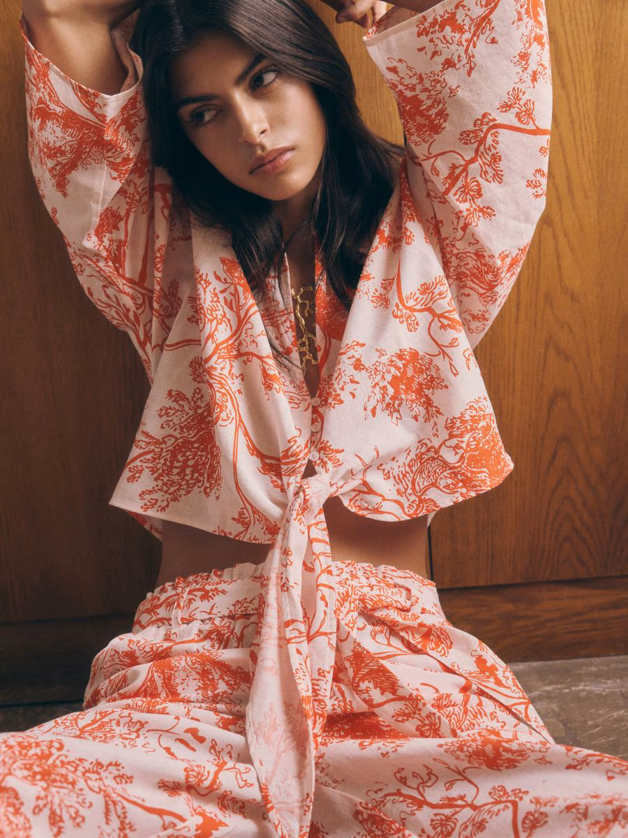 Cropped Kimono Shirt With Tie Detail