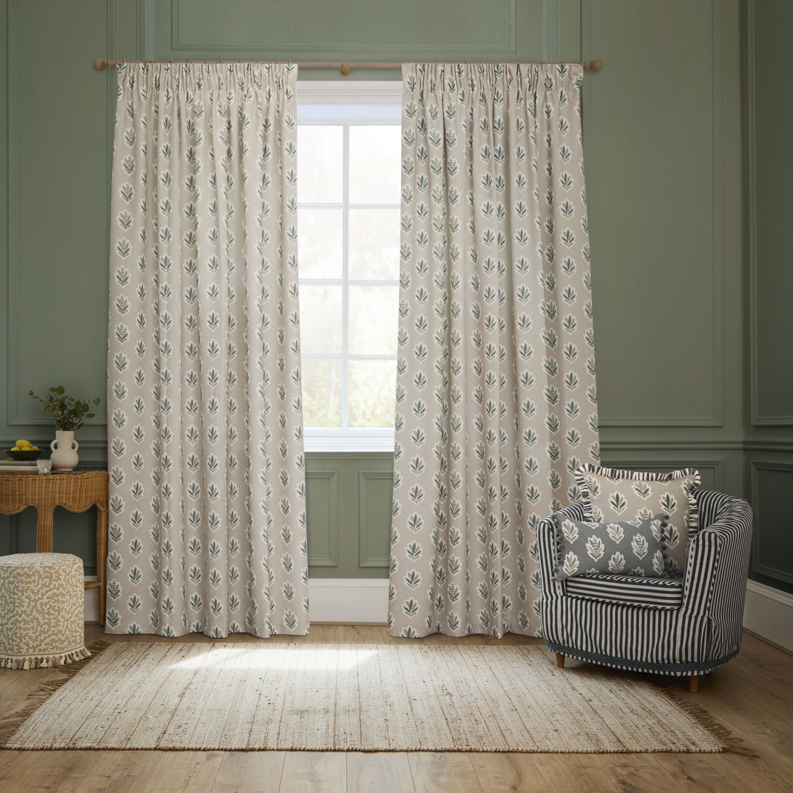 Sanderson Sessile Leaf Printed Room Darkening Pencil Pleat Curtains