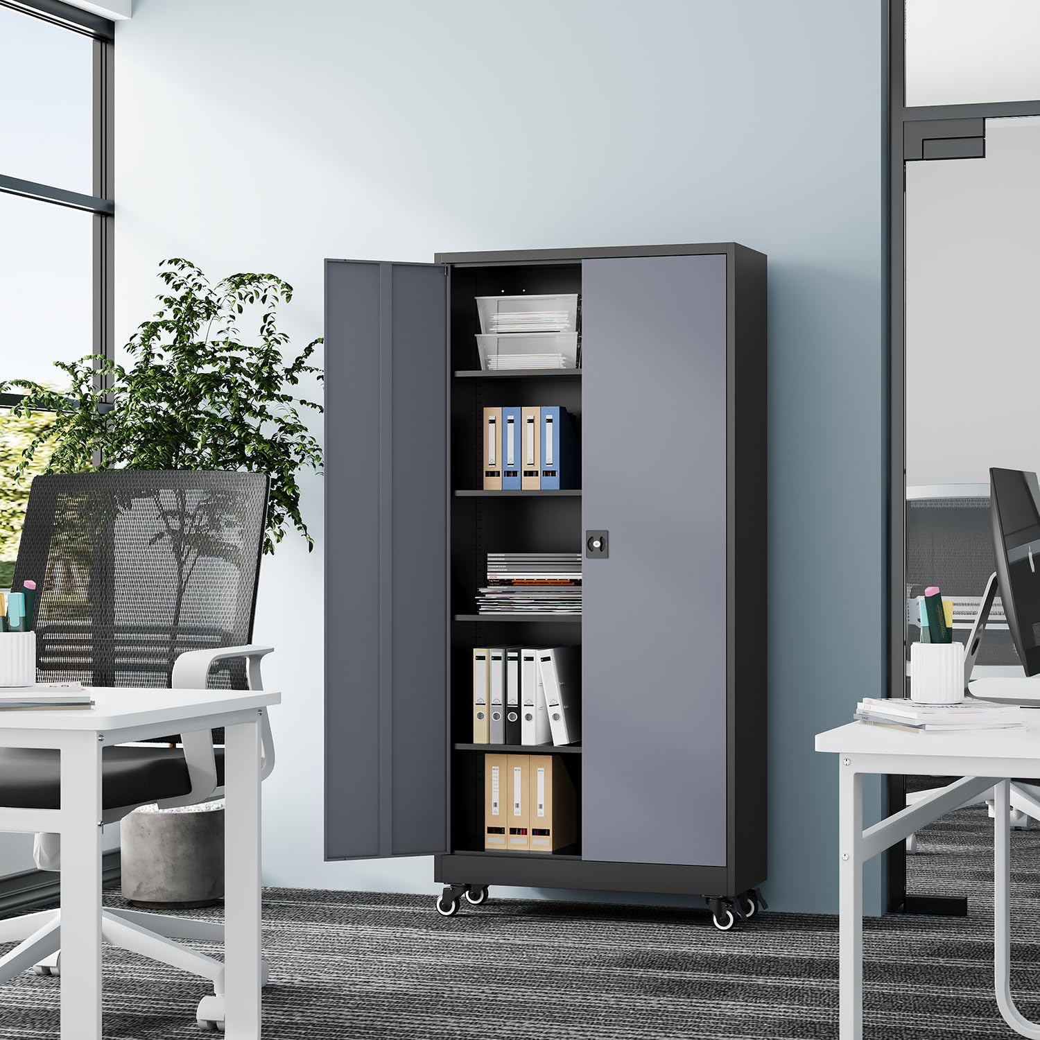 Metal Rolling Storage Cabinet-74.6” Tall Steel File Cabinets with Wheels Lockable Doors and Adjustable Shelves-Black & Gray Steel Storage Cabinet for Home, School, Office, Garage