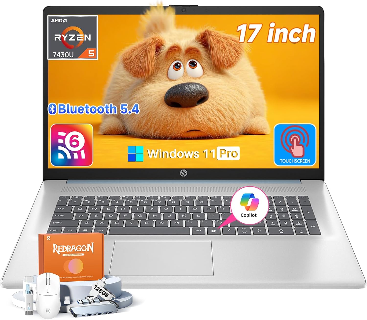 HP 2026 17 inch Touchscreen Laptop, Windows 11 Pro, Copilot AI, AMD Ryzen 5 7430U, 17.3 HD+ Anti-Glare Touch Screen, 32 GB RAM, 2 TB SSD, Fast Charge, HD Camera, Wi-Fi 6, Bluetooth 5.4, Accessories