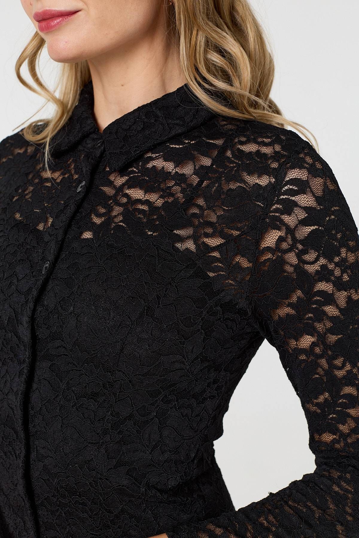 Izabel London Lace Layer Long Sleeve Mini Shirt Dress
