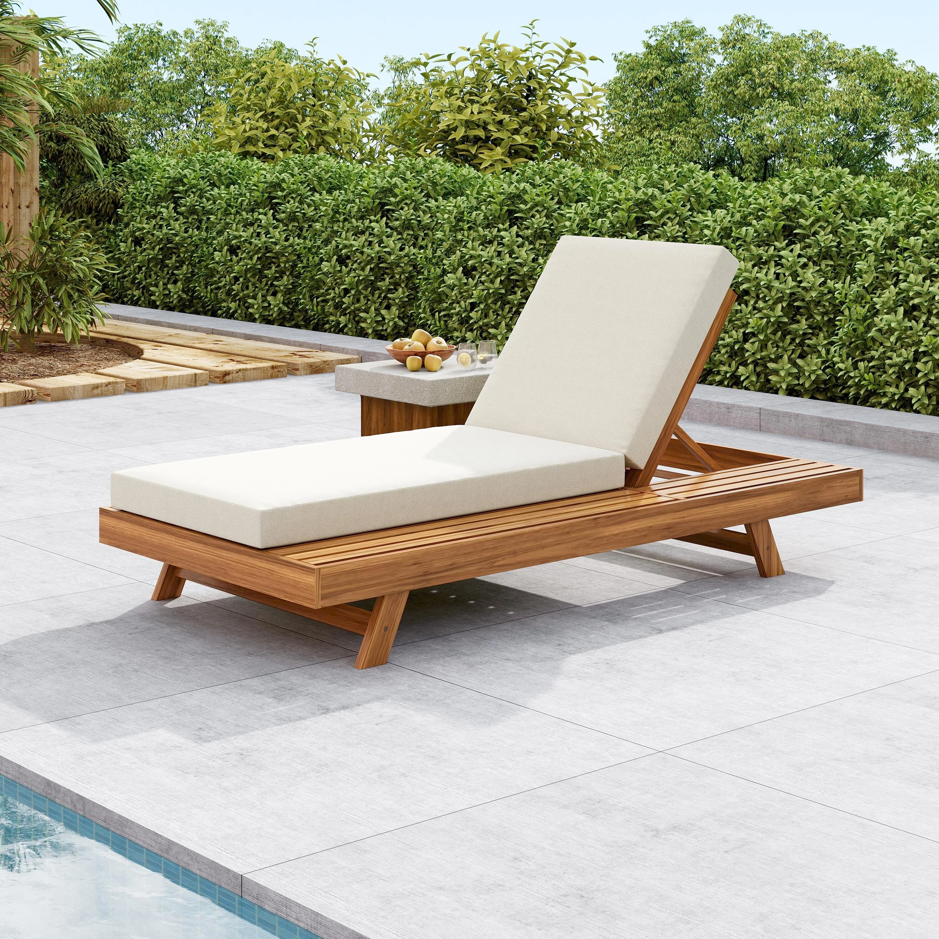 Roomfitters Acacia Wood Chaise Lounge with 4-Position Adjustable Recline, Slatted Sunbed for Patio or Poolside