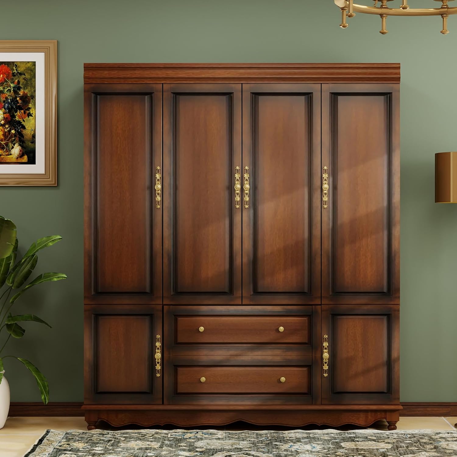 Solid Wood Armoire 4-Door Closet with 2 Drawers,100% Solid Wood Armoire Cabinet with Shelves and 2 Hanging Rods Wooden Wardrobe Closet with Elegant Design for Bedroom, Living Room
