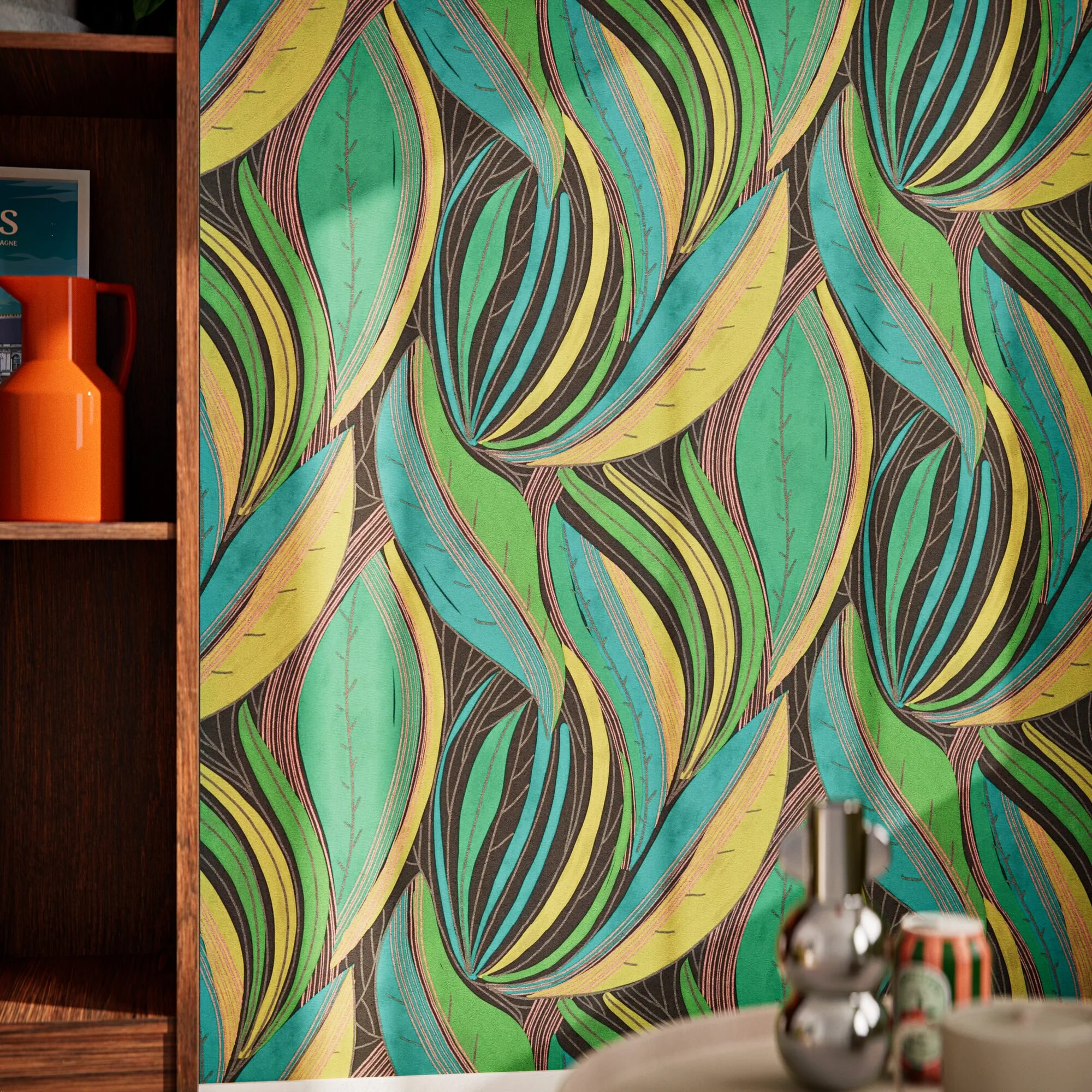 Papier peint intissé MORENA coloris vert, bleu et jaune