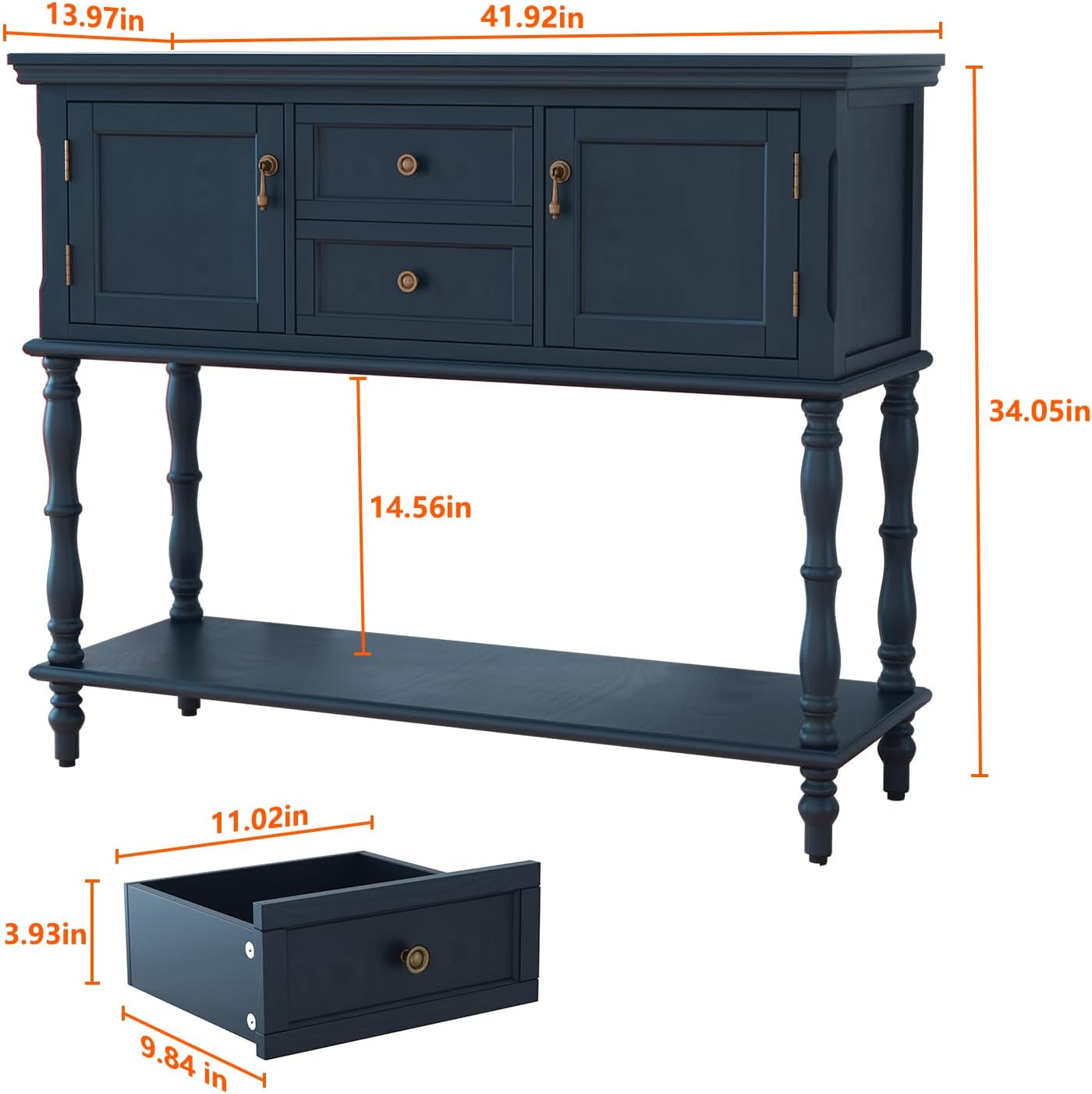 ARTPOWER Console Table with 2 Drawers, Retro Entryway Table with 2 Door Cabinets and Open Storage Shelf, Narrow Long Behind Couch Sofa Table for Living Room, Foyer, Hallway, Blue