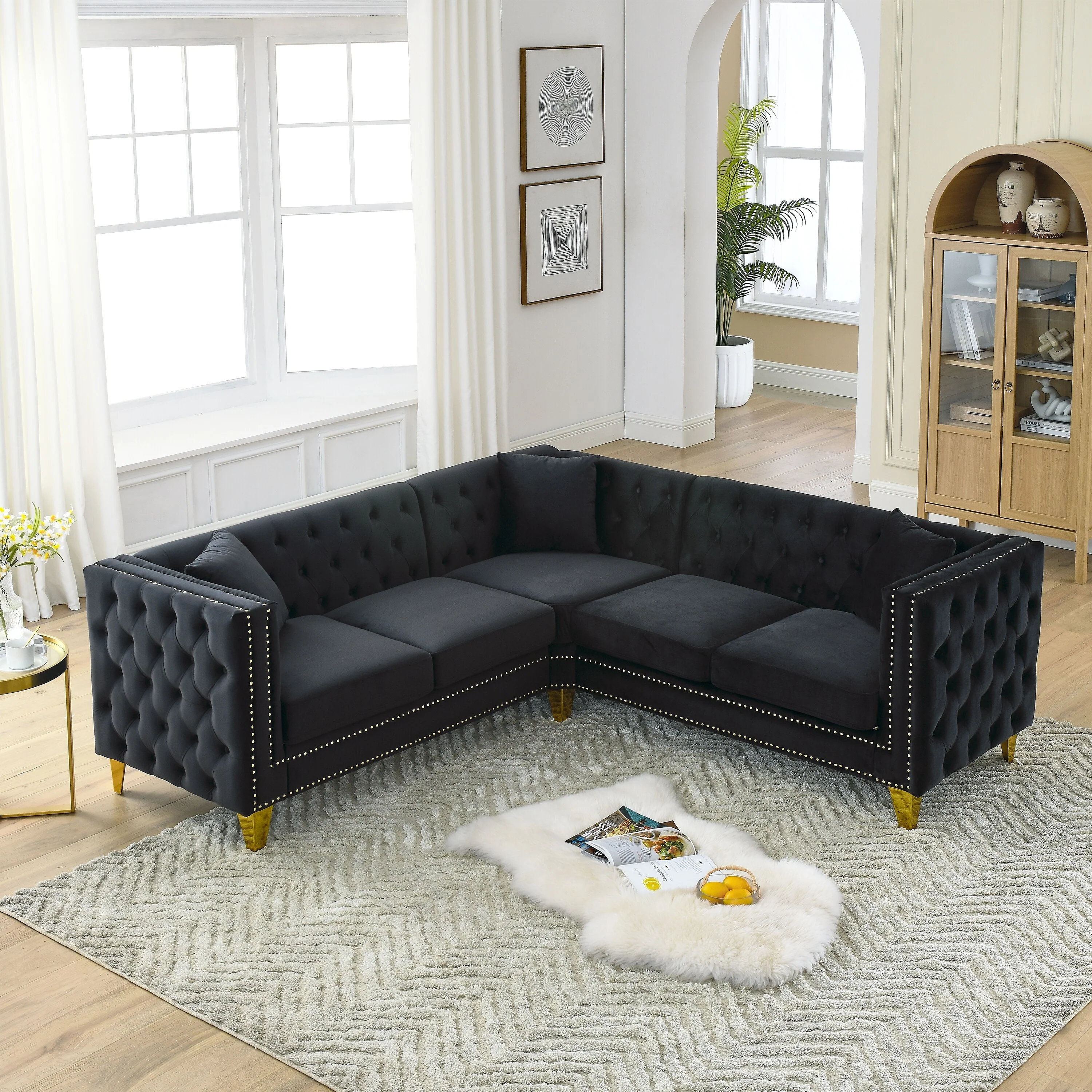 82.2 Velvet Chesterfield 5-Seater L-Shaped Sofa with Trim